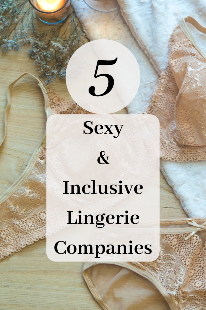 A blush pink lingerie set lays in the background atop a furry white rug and brown flooring. Black text is written within semi-translucent text bubbles reading "5 sexy & inclusive lingerie brands"