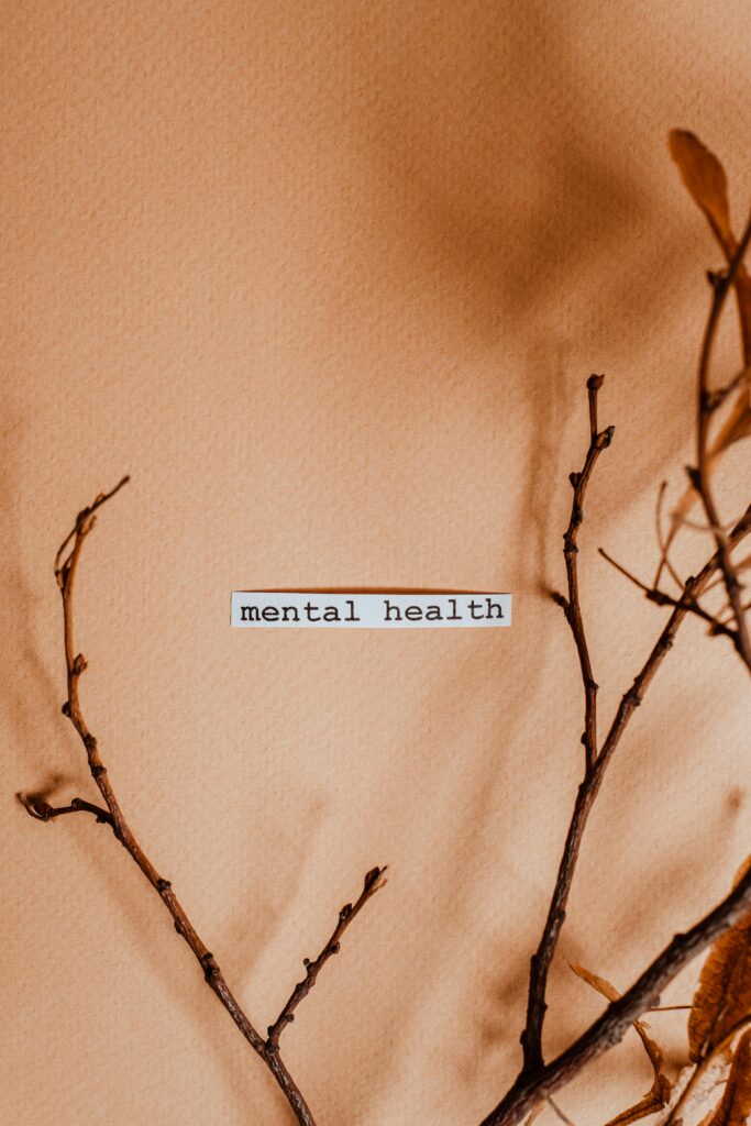 A piece of paper with "mental health" typed across it lays on a peach background with bare brown branches below it